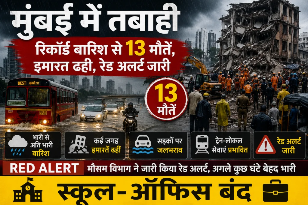 Mumbai Me Tabahi | रिकॉर्ड बारिश से 13 मौतें, इमारत ढही, Red Alert जारी — स्कूल-ऑफिस बंद