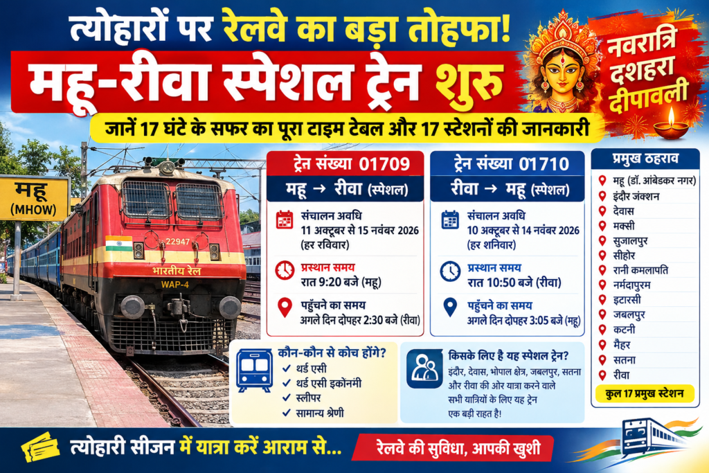 त्योहारों पर रेलवे का बड़ा तोहफा! महू-रीवा स्पेशल ट्रेन शुरू